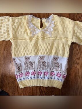 Sweater Loft Vintage Yellow Floral Petite Short Sleeve Cat Sweater Sz Small